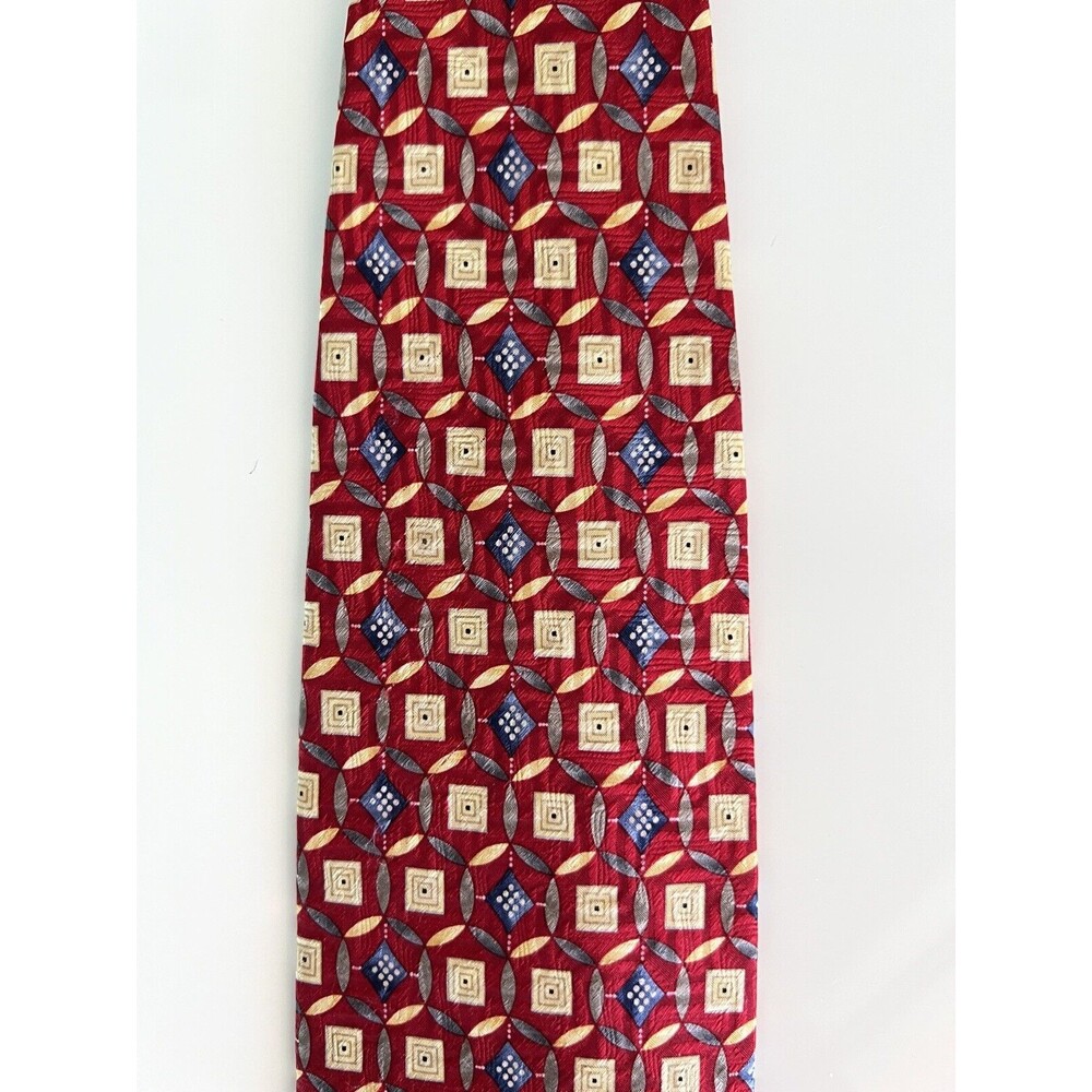 Jos A Bank Tie XL Silk Tie Geometric Red Blue Cream Gray 63 x 4 in Extra Long - Picture 8 of 11